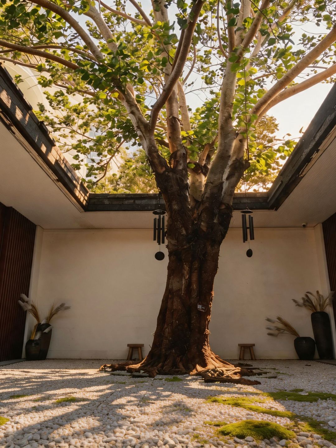 庭院天井中的大树穿过屋面生长，风铃悬在枝侧，树影落满碎石地面