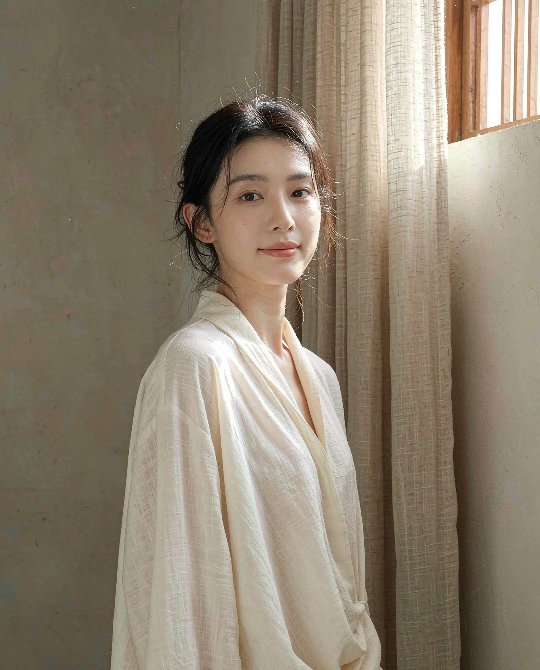 明亮的禅意空间里，一位年轻的身心工作者站在亚麻帘旁