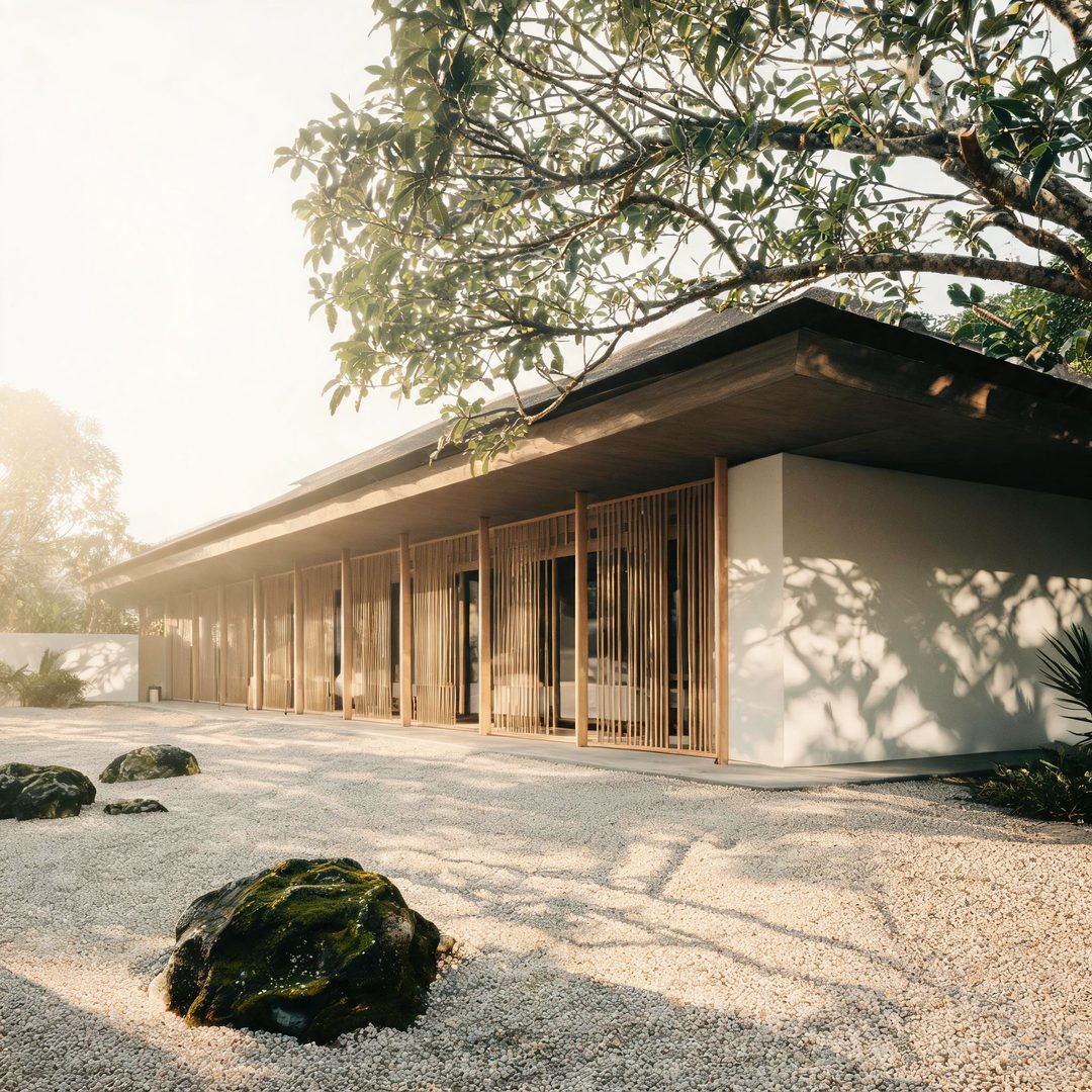 白墙与木廊的建筑一角，碎石庭院落满树影